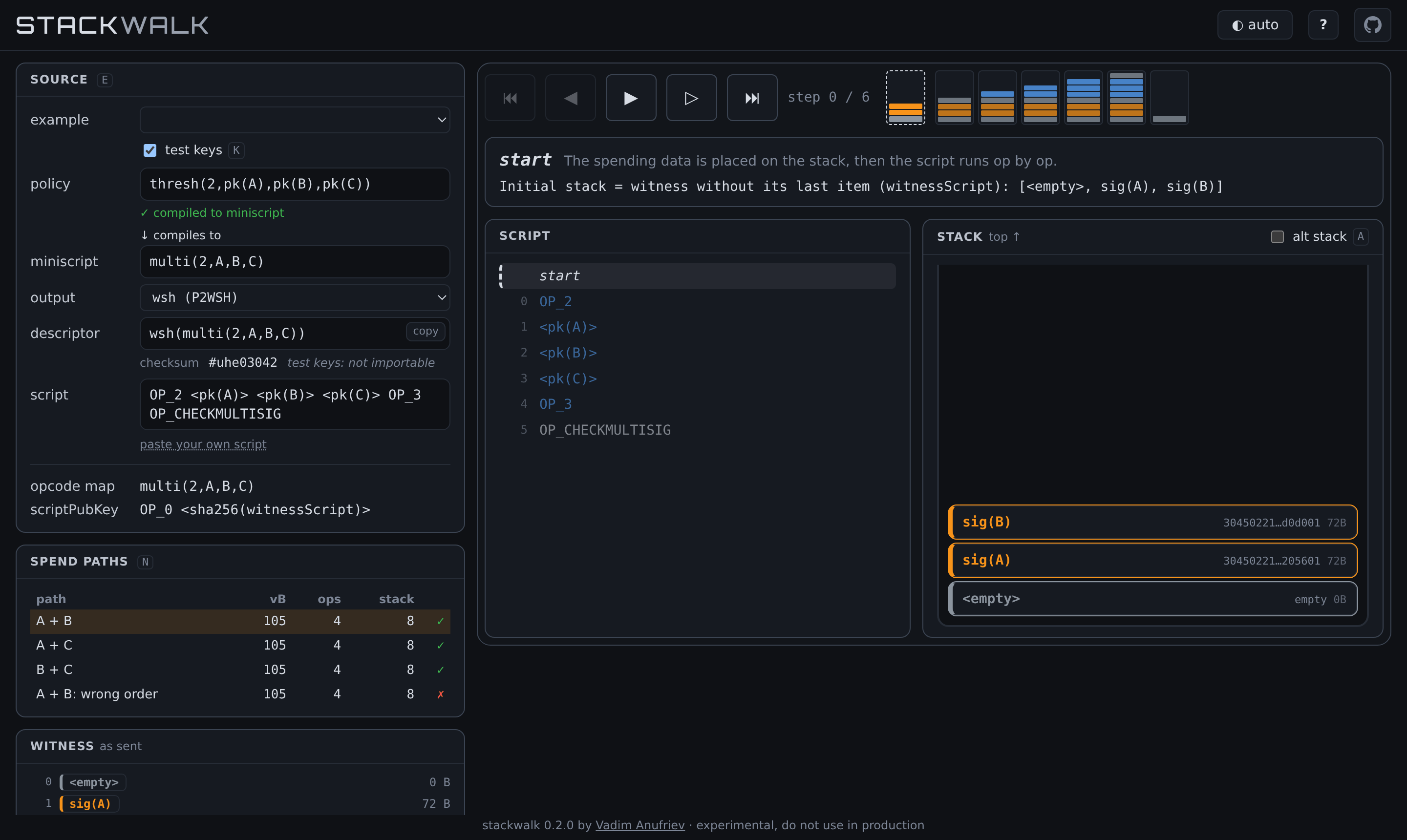 stackwalk: a 2-of-3 policy compiled to miniscript and P2WSH, its spend paths, and the run step by step until OP_CHECKMULTISIG leaves 1